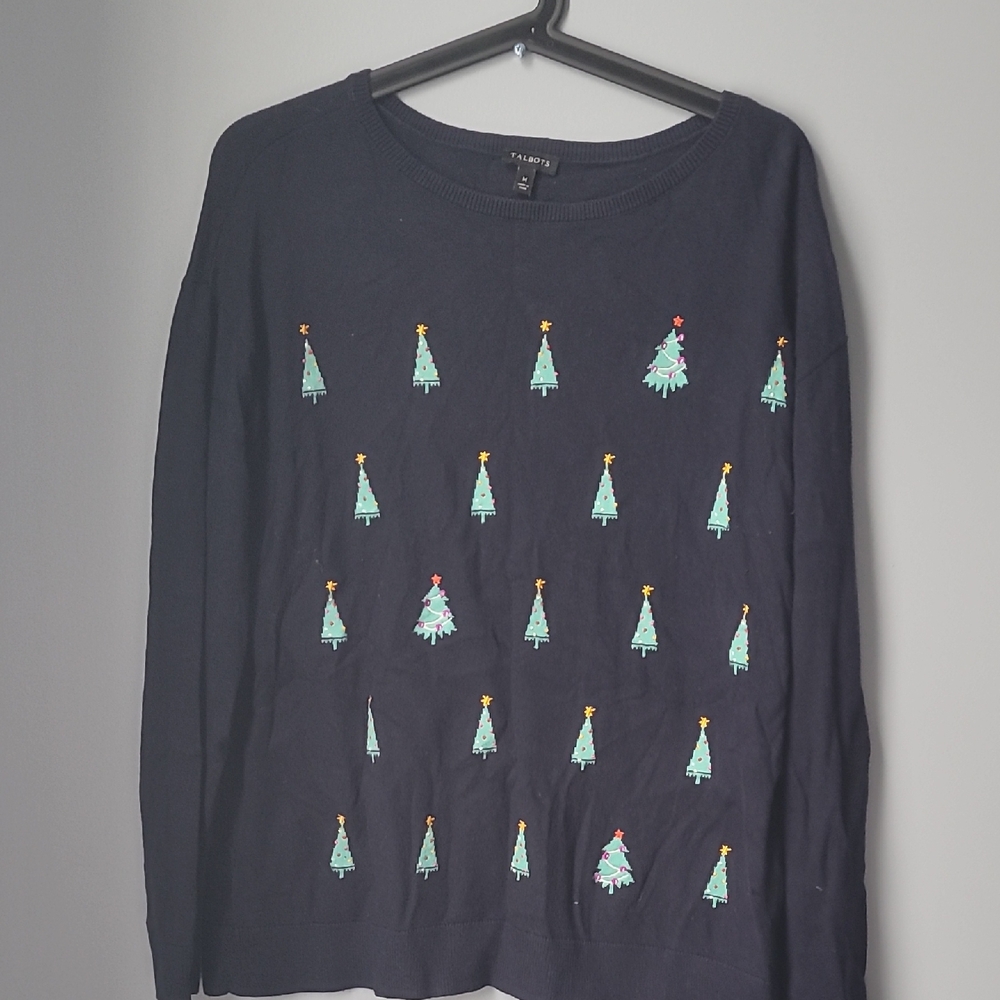 Talbots Navy Sweater with Christmas Festive Print